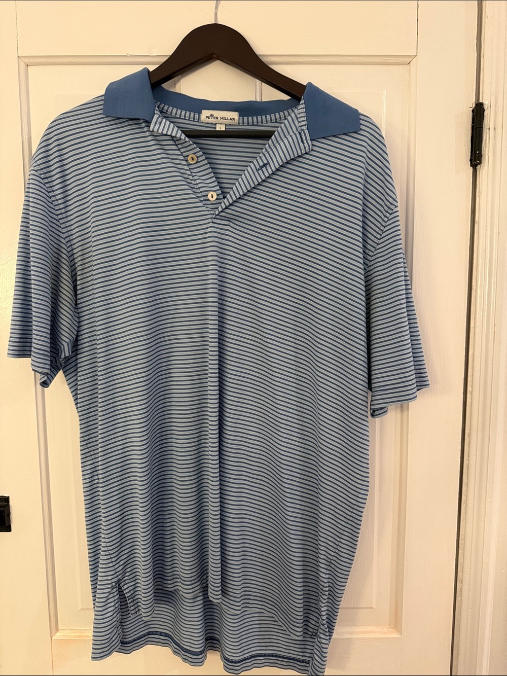 Peter Millar Blue Striped Polo with Contrast Collar